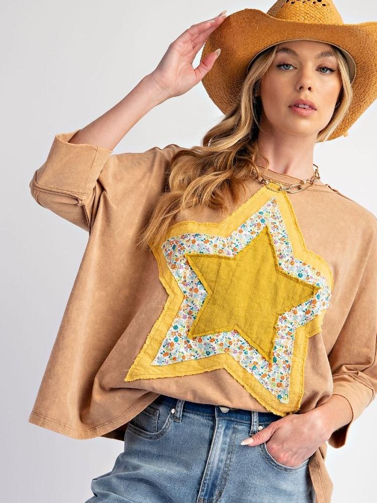 Floral Star Mineral Wash Top, Color Chai Latte long sleeve