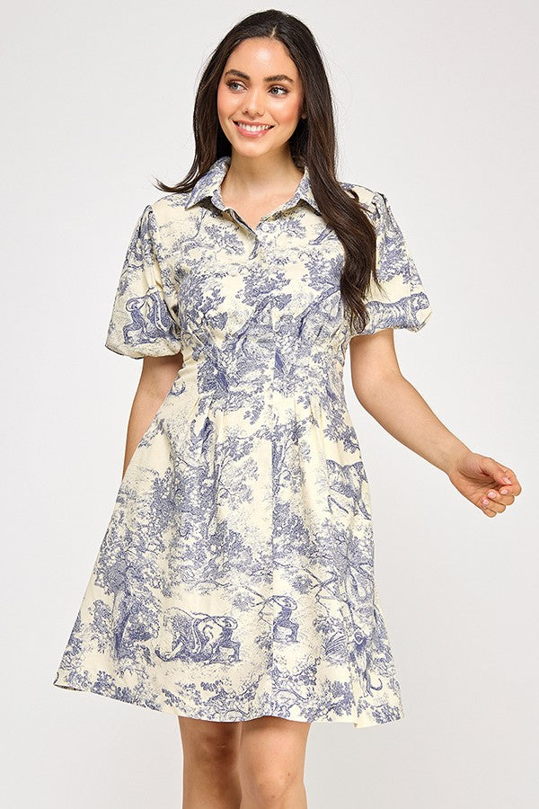 Puff Sleeve Forest Print Dress, Navy and Ivory