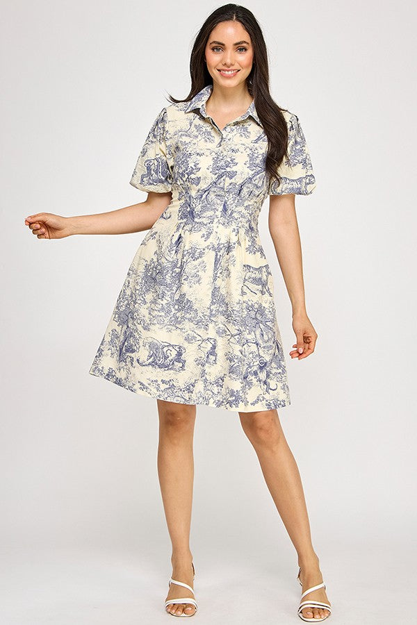 Puff Sleeve Forest Print Dress, Navy and Ivory