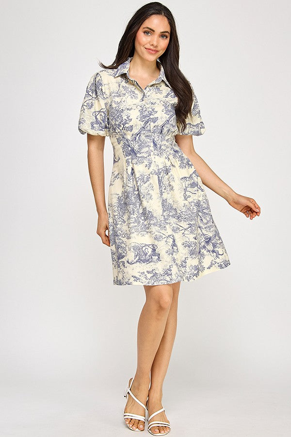 Puff Sleeve Forest Print Dress, Navy and Ivory