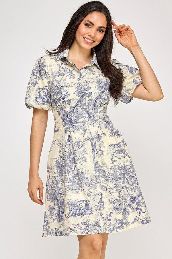 Puff Sleeve Forest Print Dress, Navy and Ivory