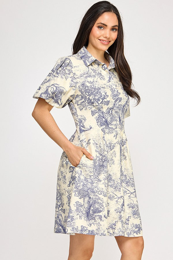 Puff Sleeve Forest Print Dress, Navy and Ivory