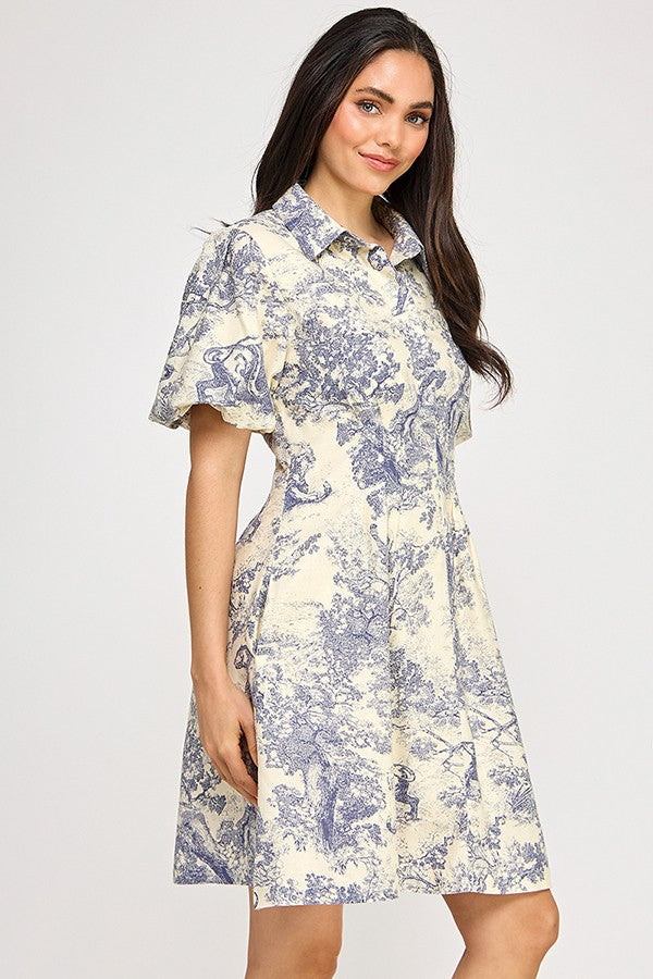 Puff Sleeve Forest Print Dress, Navy and Ivory