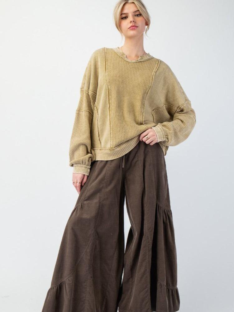 OLIVE OIL WASHED THERMAL MIX TERRY KNIT TOP fall pullover
