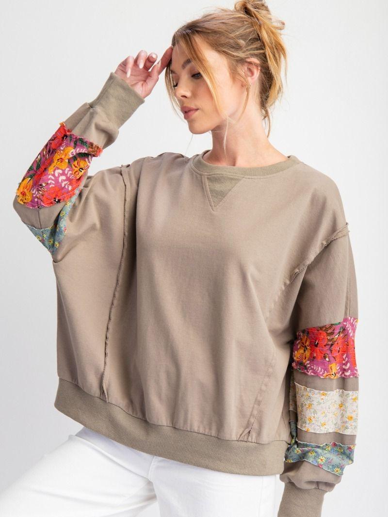PRINT MIX TERRY KNIT PULLOVER WITH MIXED FLORAL  DETAILING ON SLEEVES fall pullover long sleeve