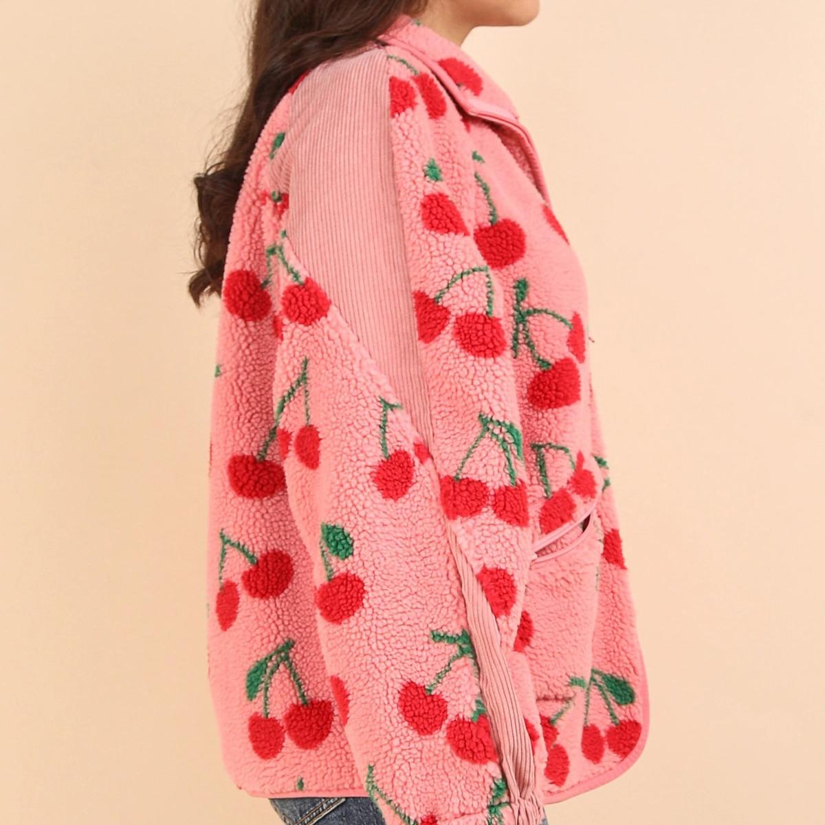 The Caroline Sherpa Pink Cherry Jacket with Zipper