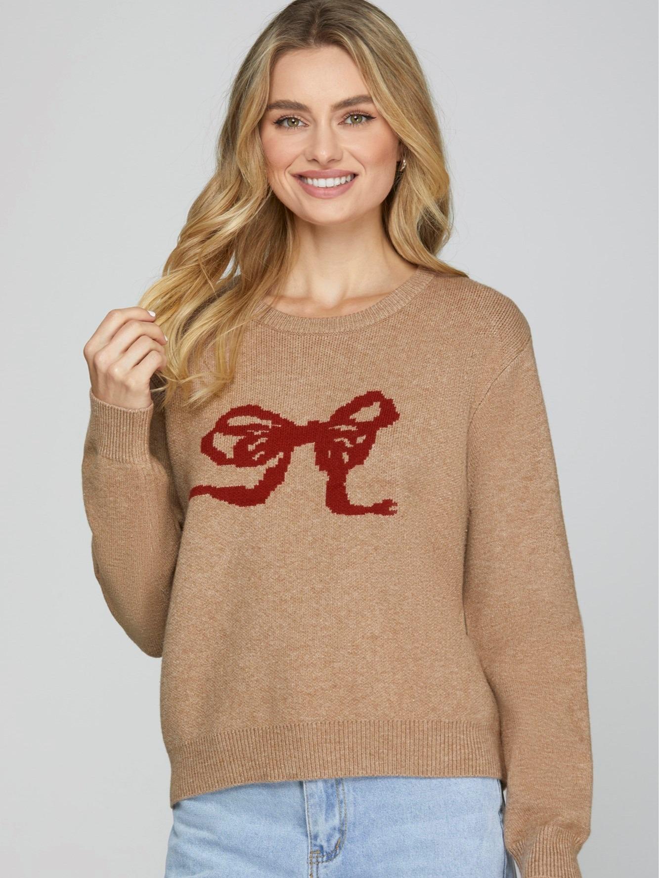 WOMEN 'S LONG SLEEVE RIBBON PULLOVER SWEATER  IN RED AND TAUPE COLORS fall sweater