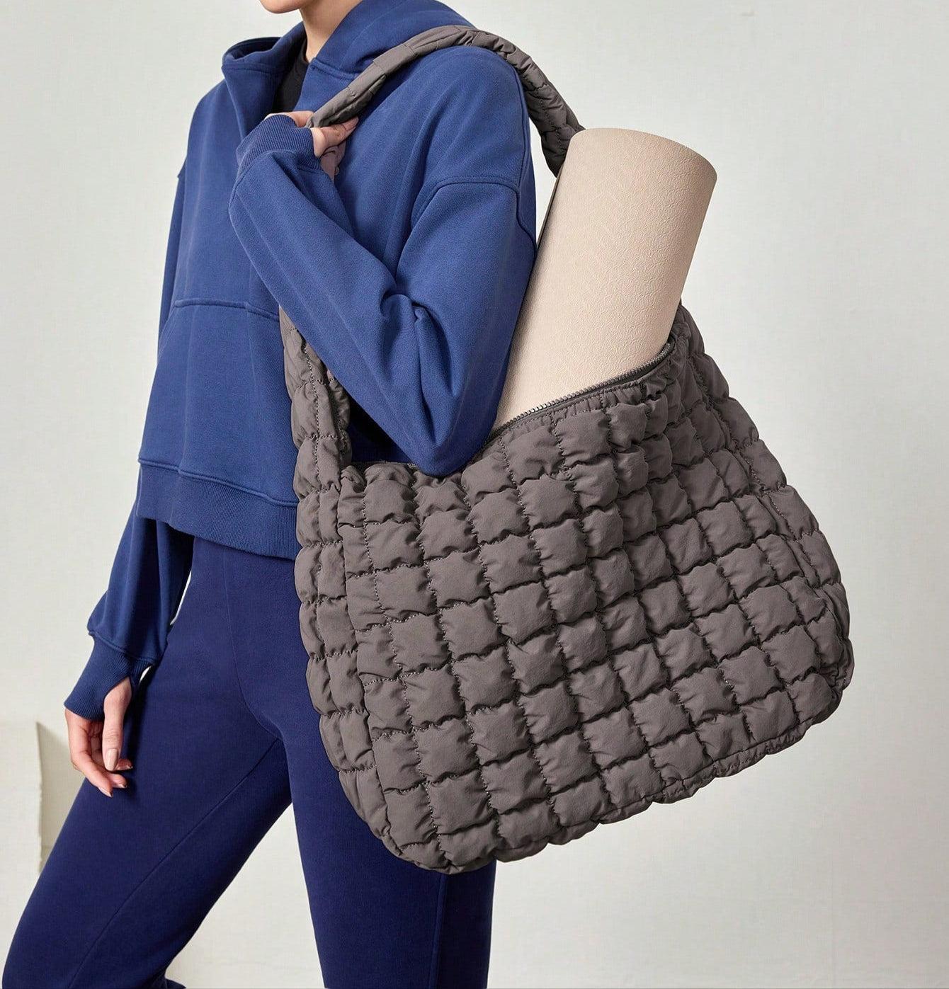 Quilted Carryall Hobo Bag with Zip - Lightweight & Slouchy Design Quilted for Gym & Beyond - Includes Exterior Zip Pockets & Mesh Slip Pockets