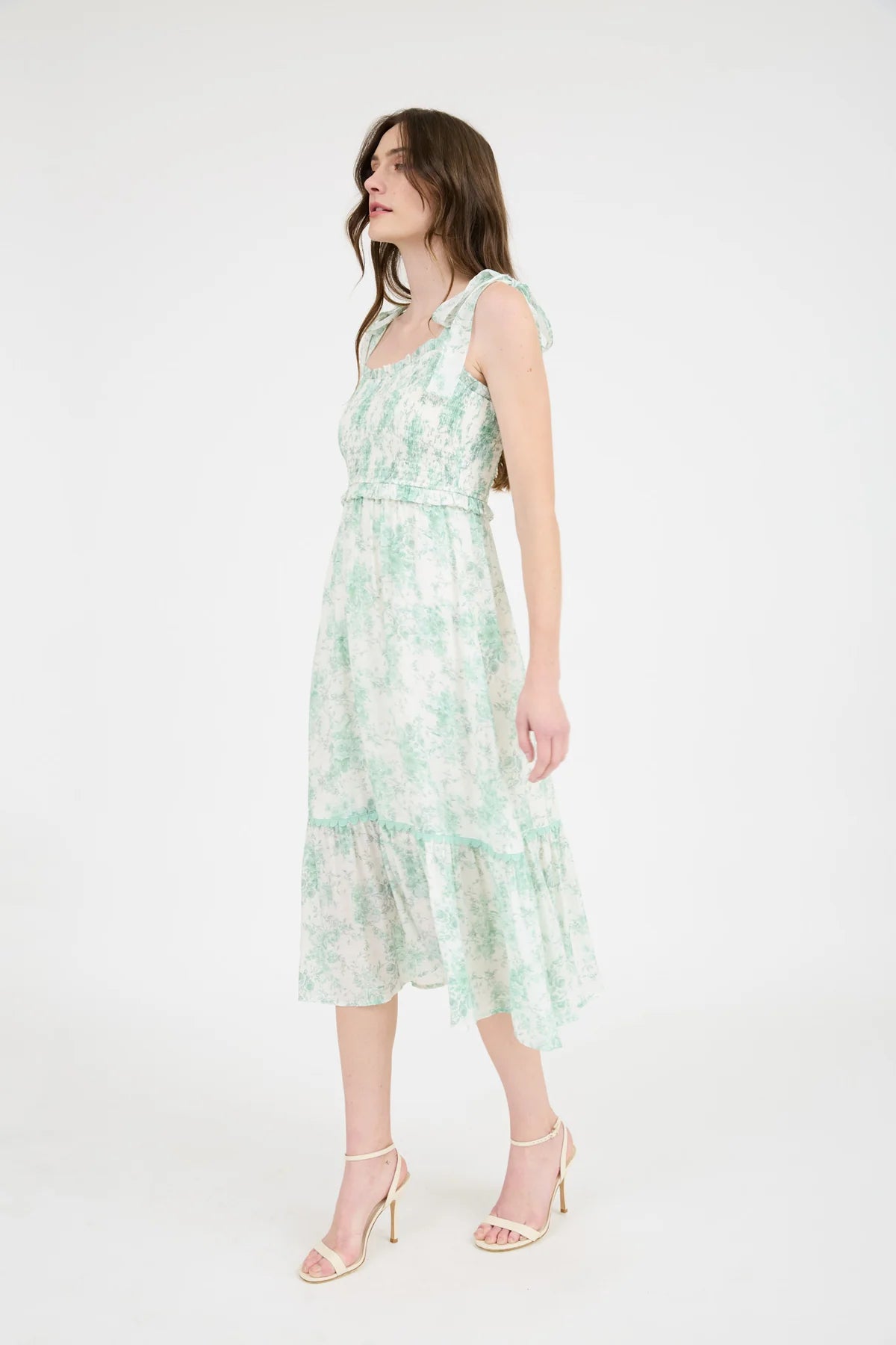 FLORAL SMOCKED SWEETHEART RUFFLE TRIM MIDI DRESS, GREEN AND PINK