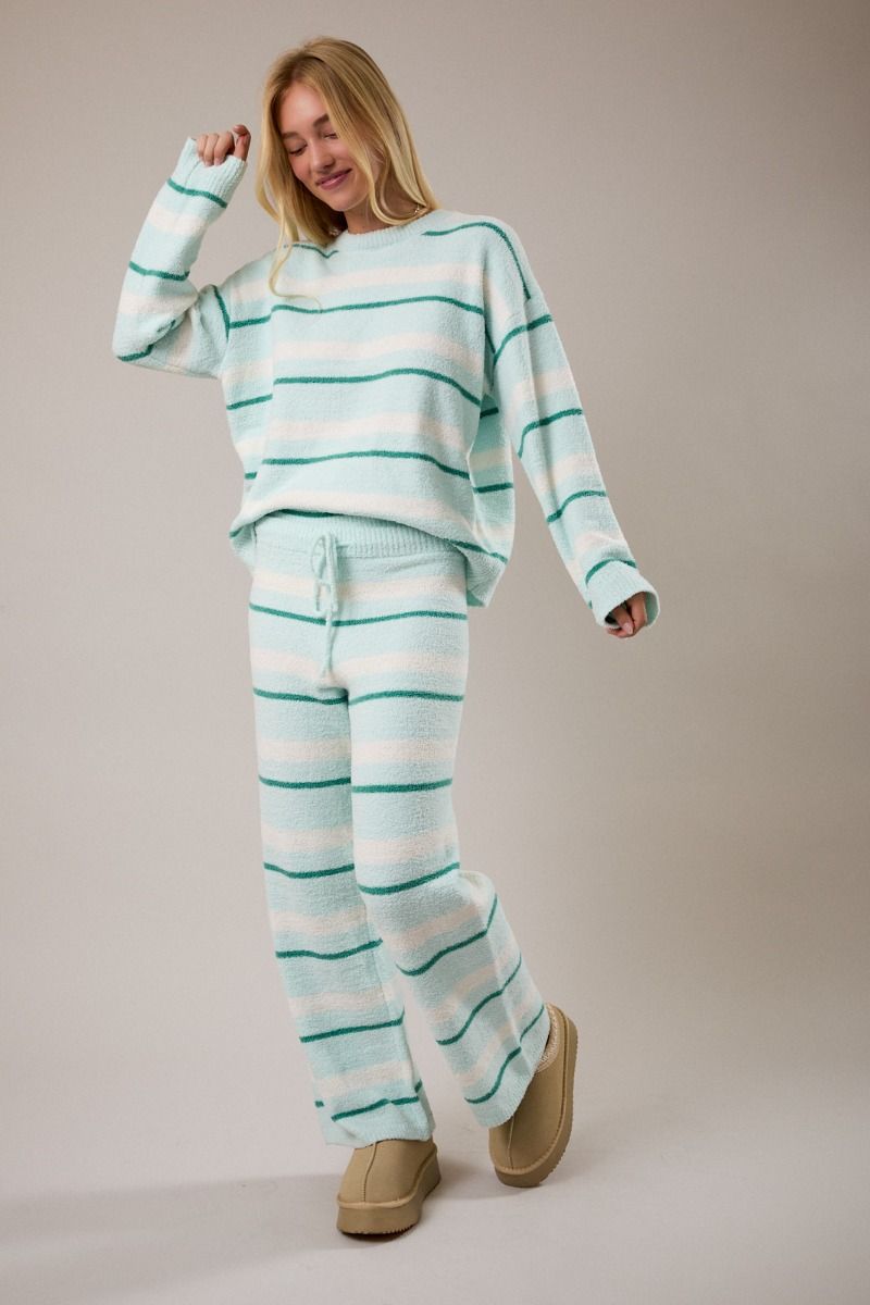 Cute Stripe Set Long Sleeve Sweater with Wide Leg pants