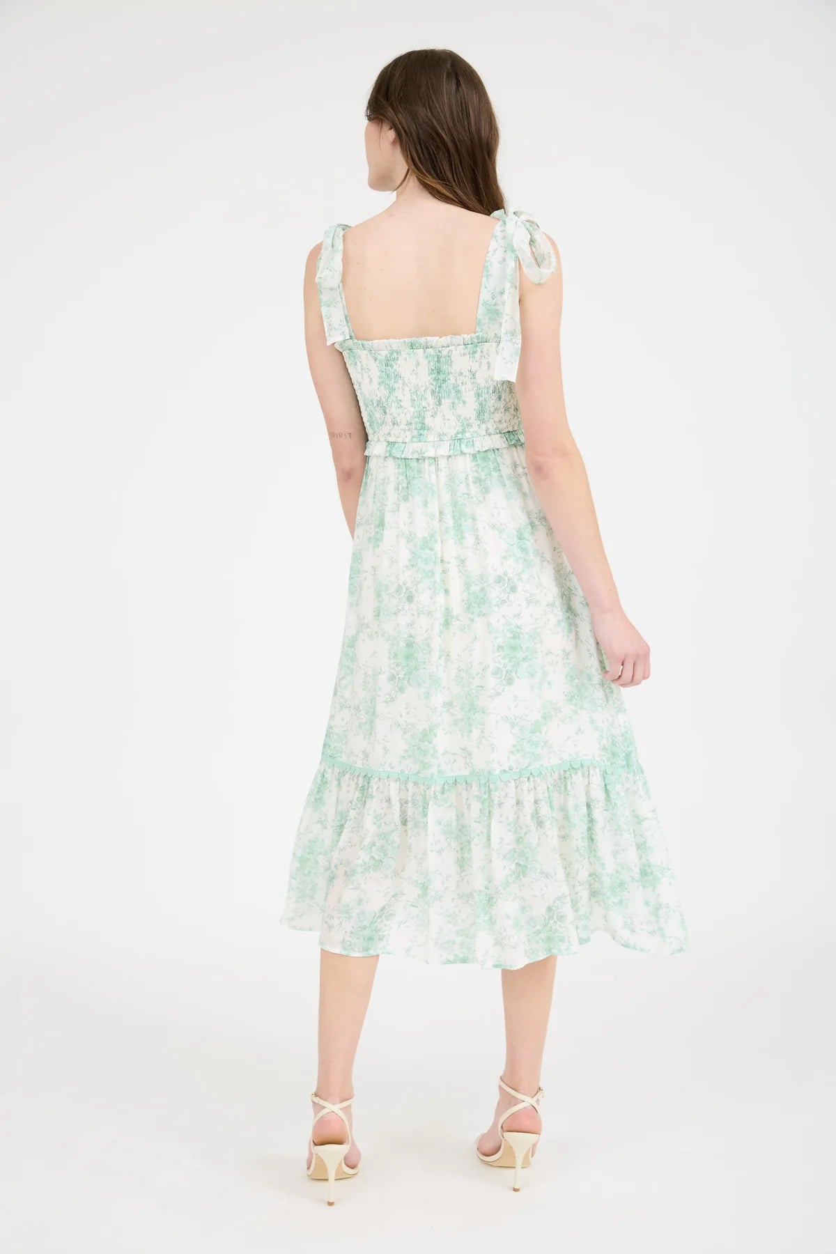 FLORAL SMOCKED SWEETHEART RUFFLE TRIM MIDI DRESS, GREEN AND PINK