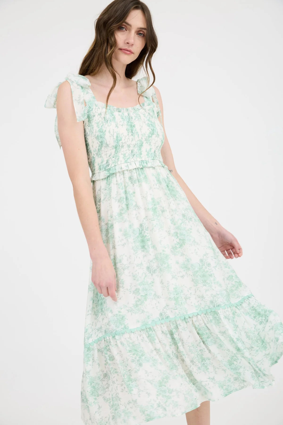 FLORAL SMOCKED SWEETHEART RUFFLE TRIM MIDI DRESS, GREEN AND PINK
