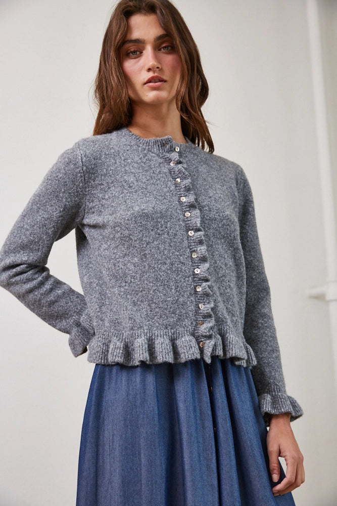 Heather Gray Soft Knit Cardigan with Romantic Ruffle Accents