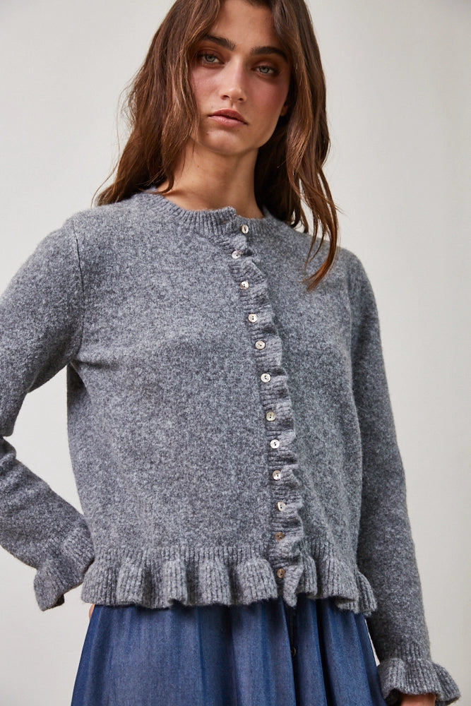 Heather Gray Soft Knit Cardigan with Romantic Ruffle Accents