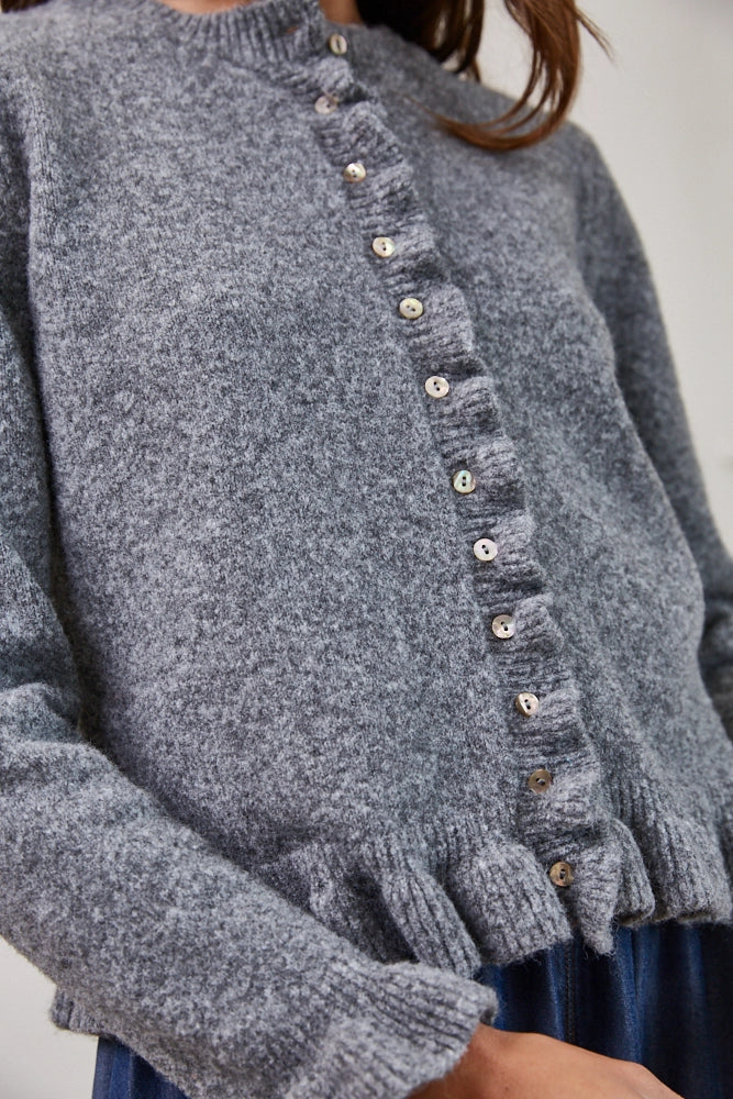 Heather Gray Soft Knit Cardigan with Romantic Ruffle Accents