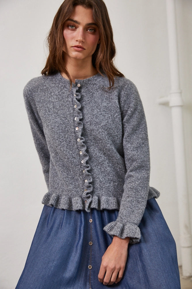 Heather Gray Soft Knit Cardigan with Romantic Ruffle Accents