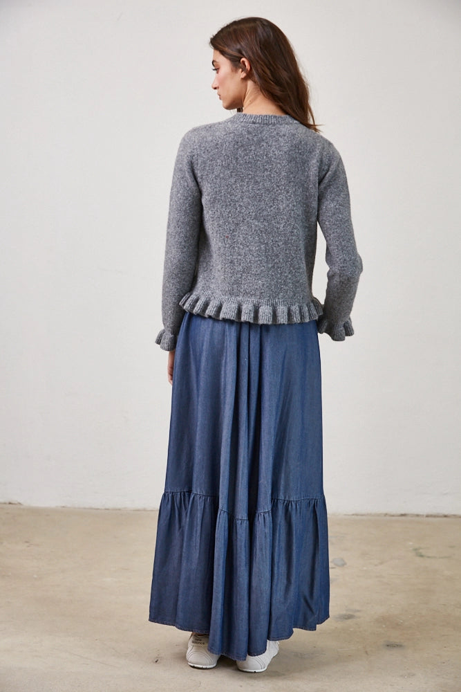 Heather Gray Soft Knit Cardigan with Romantic Ruffle Accents