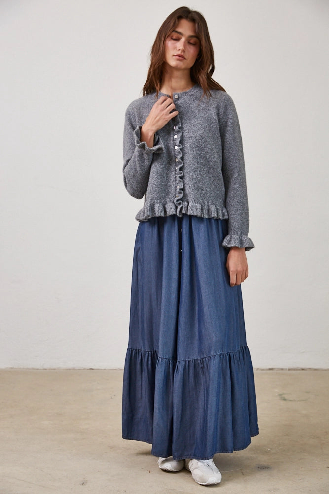 Heather Gray Soft Knit Cardigan with Romantic Ruffle Accents