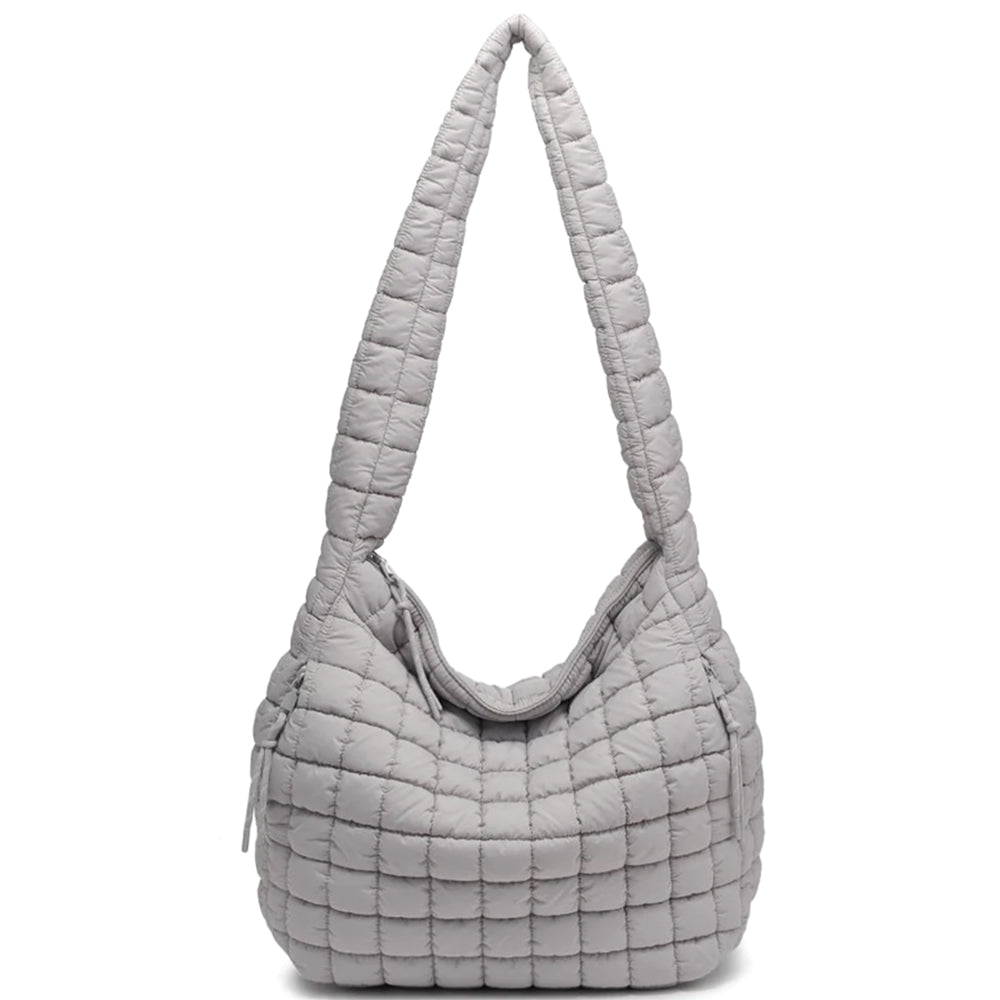 Quilted Carryall Hobo Bag with Zip - Lightweight & Slouchy Design Quilted for Gym & Beyond - Includes Exterior Zip Pockets & Mesh Slip Pockets