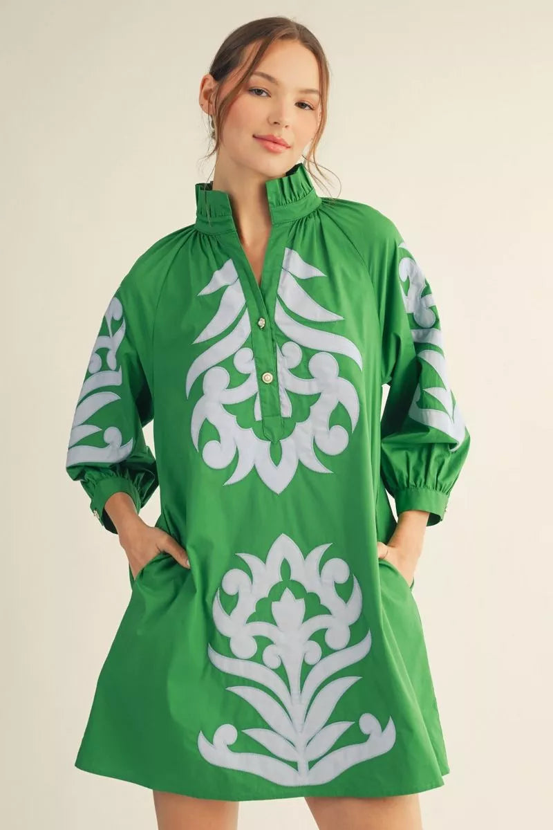 Kelly Green Dress with Baroque Applique Maui Treasures Boutique Kelly Green Dress with Baroque Applique Maui Treasures Boutique