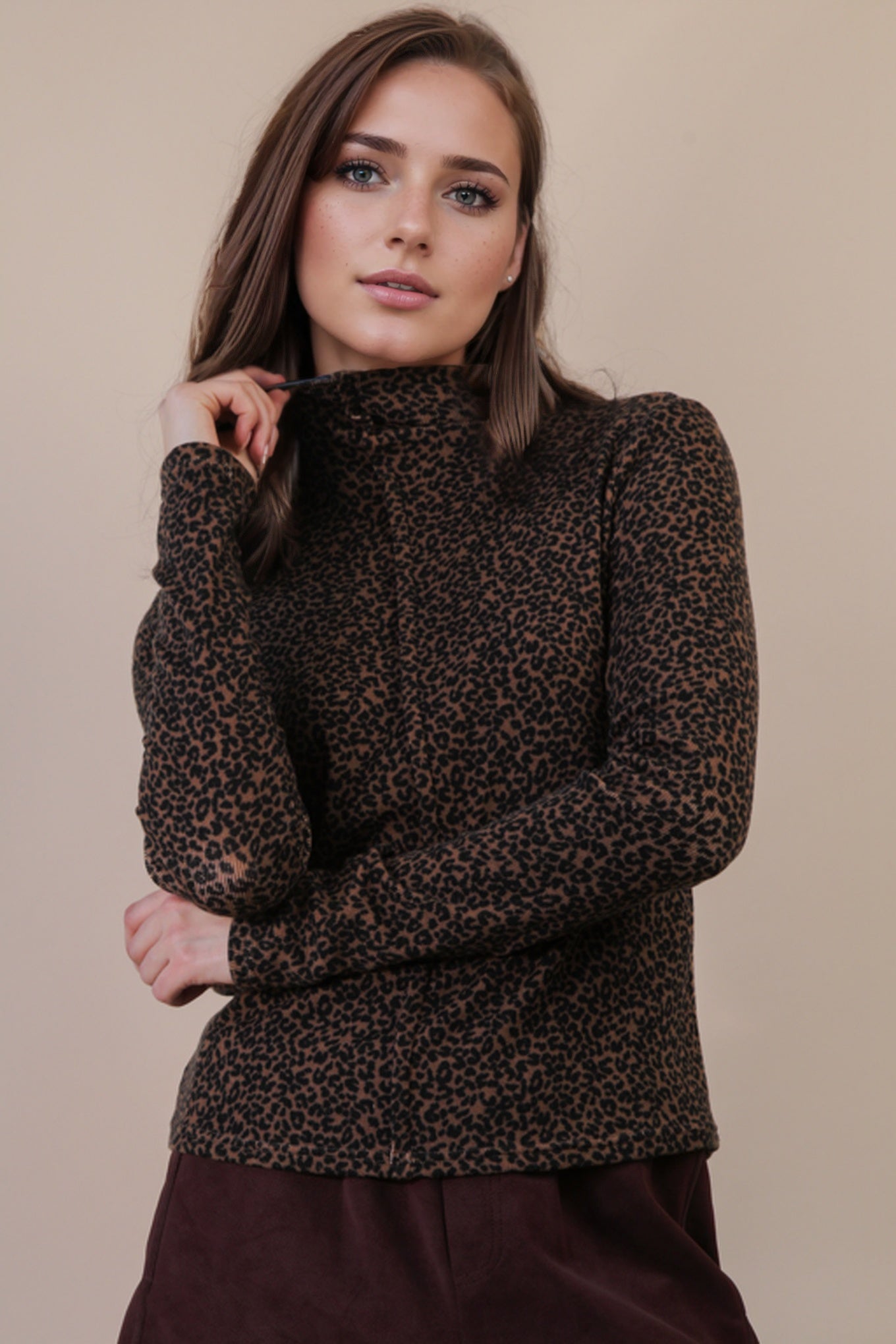 Long Sleeve Mock-Neck Mocha Leopard Top