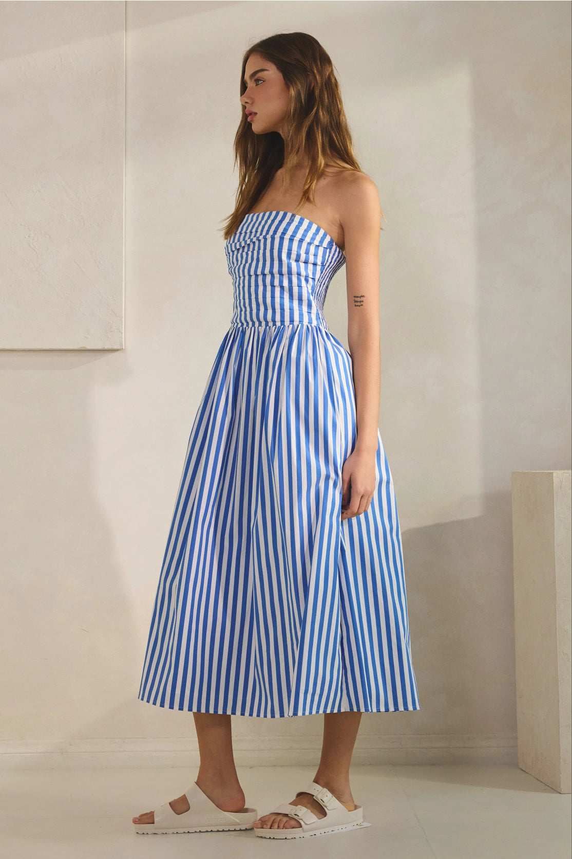 Blue Stripe Cotton  Strapless Tube Midi Dress
