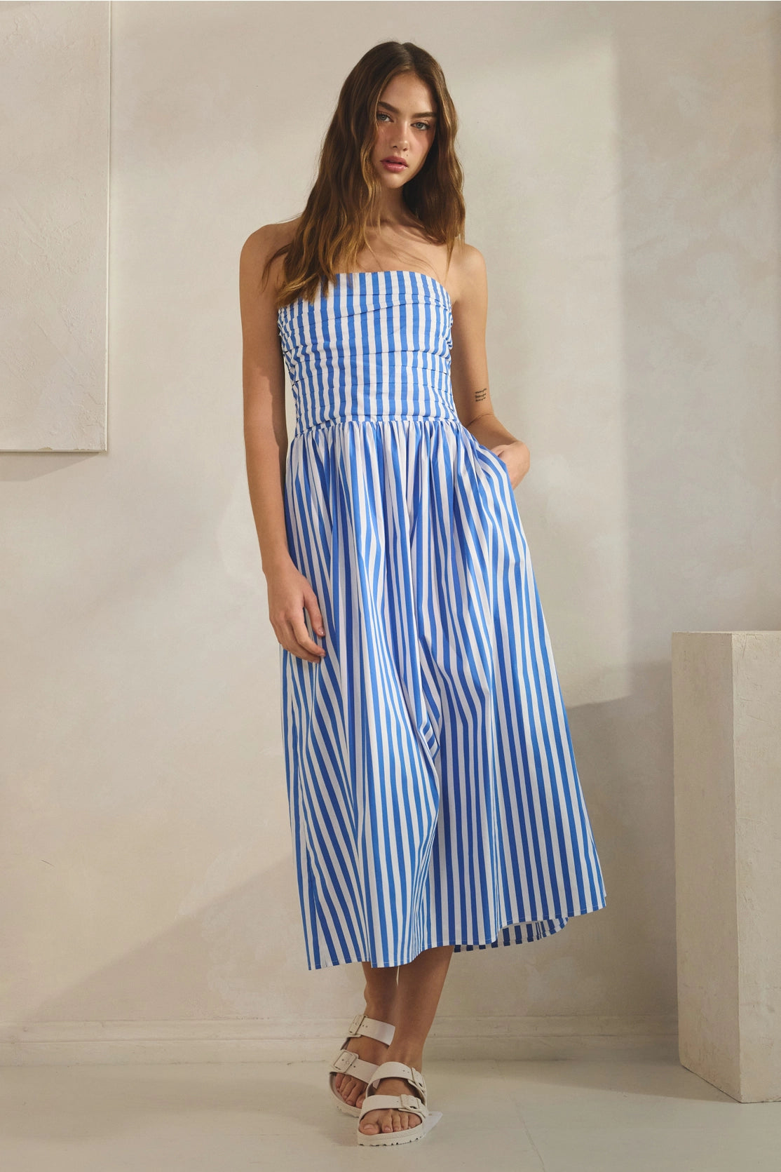 Blue Stripe Cotton  Strapless Tube Midi Dress