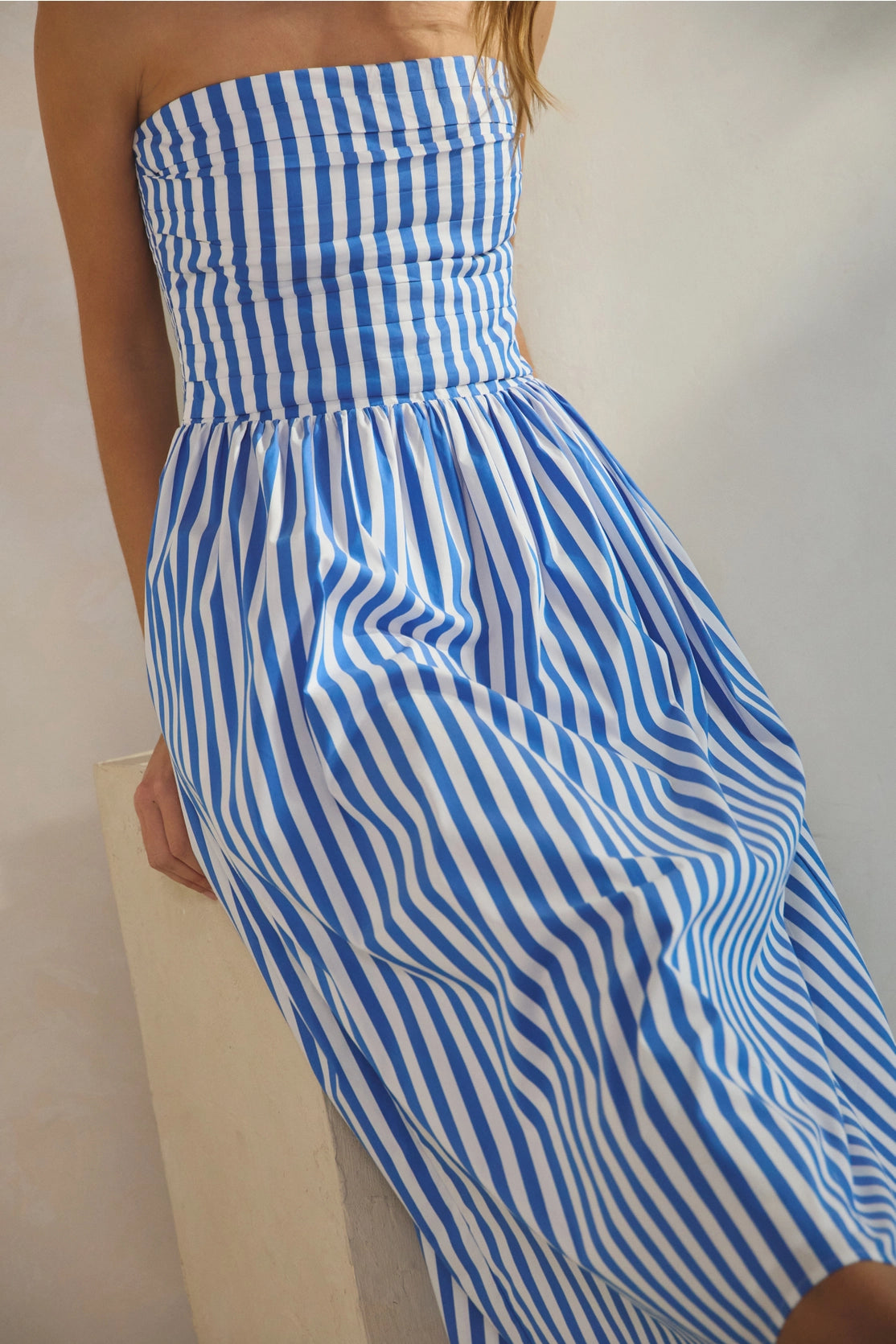 Blue Stripe Cotton  Strapless Tube Midi Dress
