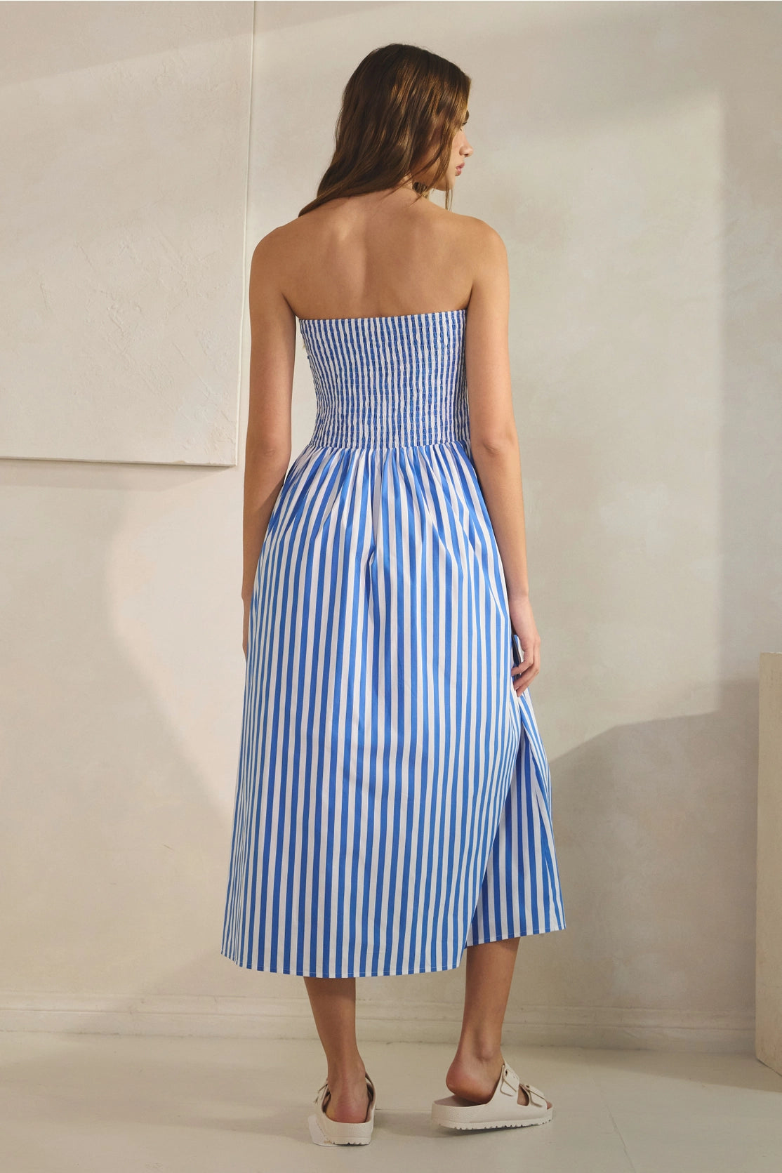 Blue Stripe Cotton  Strapless Tube Midi Dress