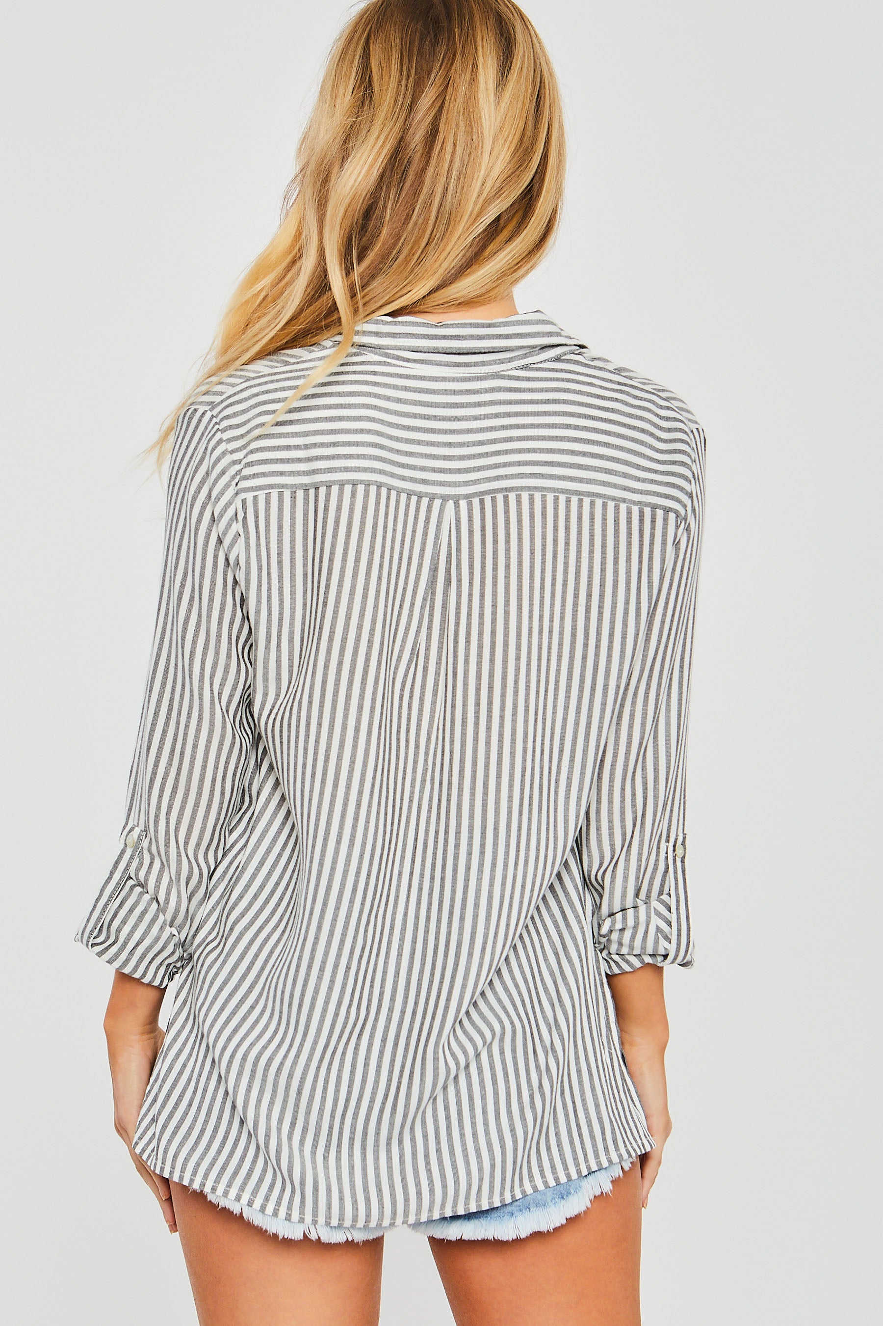 Black and White Long sleeve striped shirt with double front pockets