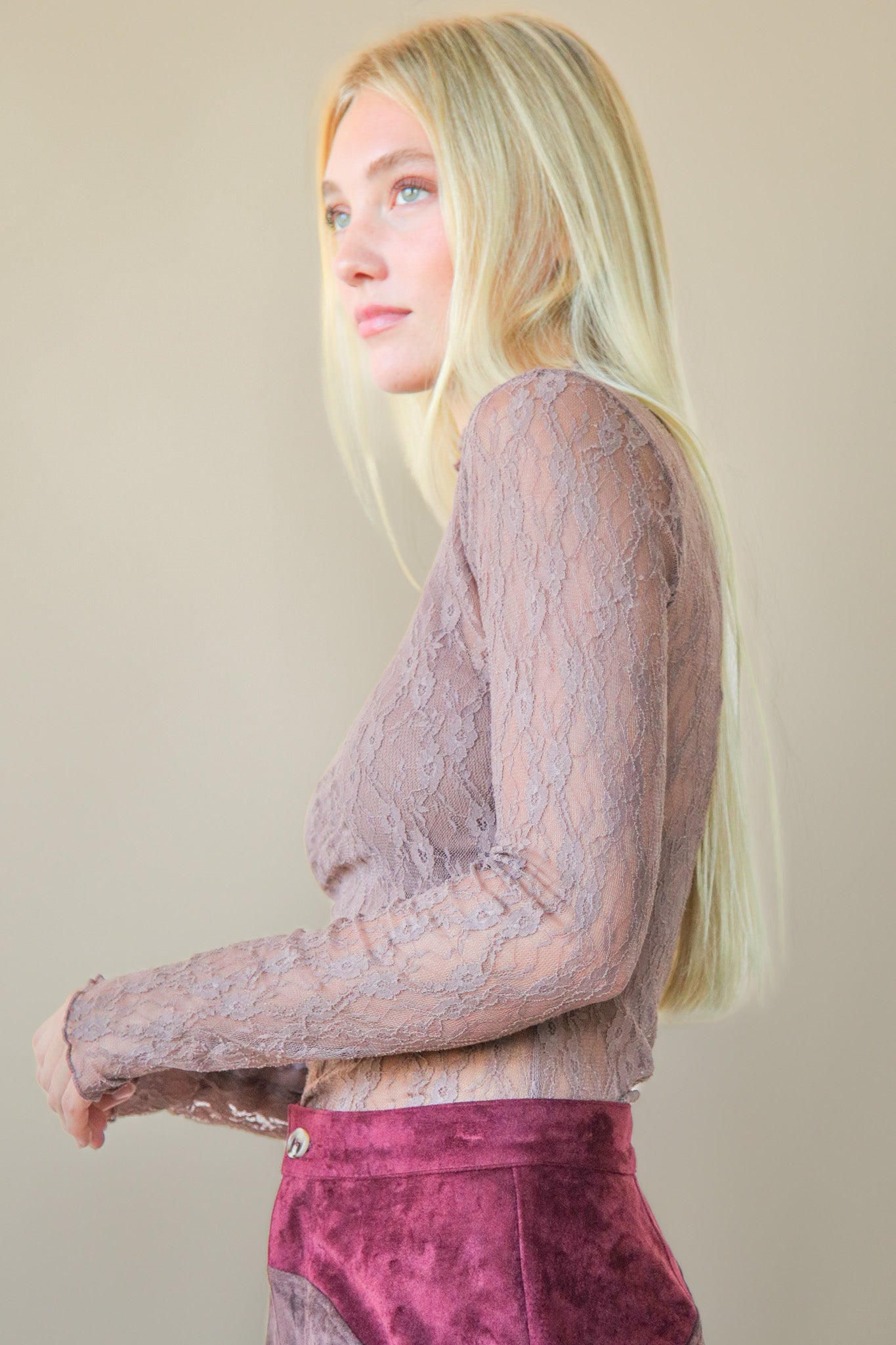 High Neck Fitted Sheer Mesh Lace Knit Top