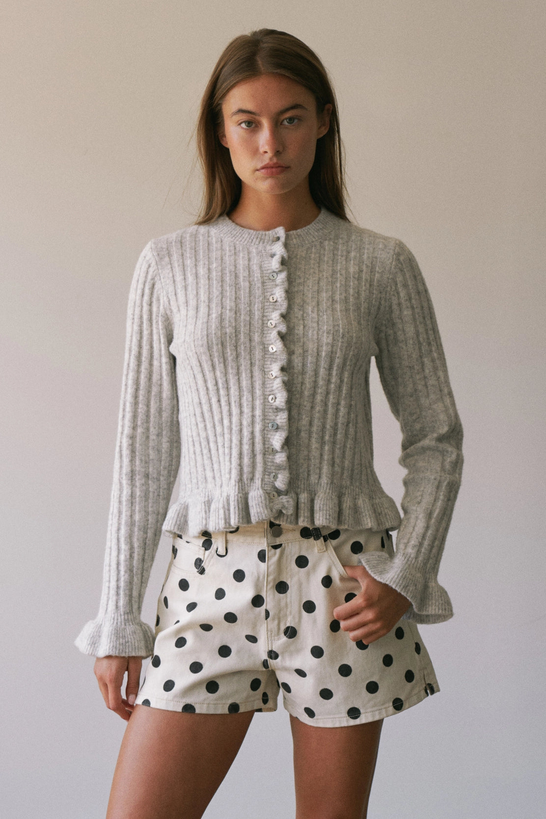 Soft Knit Cardigan with Romantic Ruffle Accents in Two Colors Gray and Cream