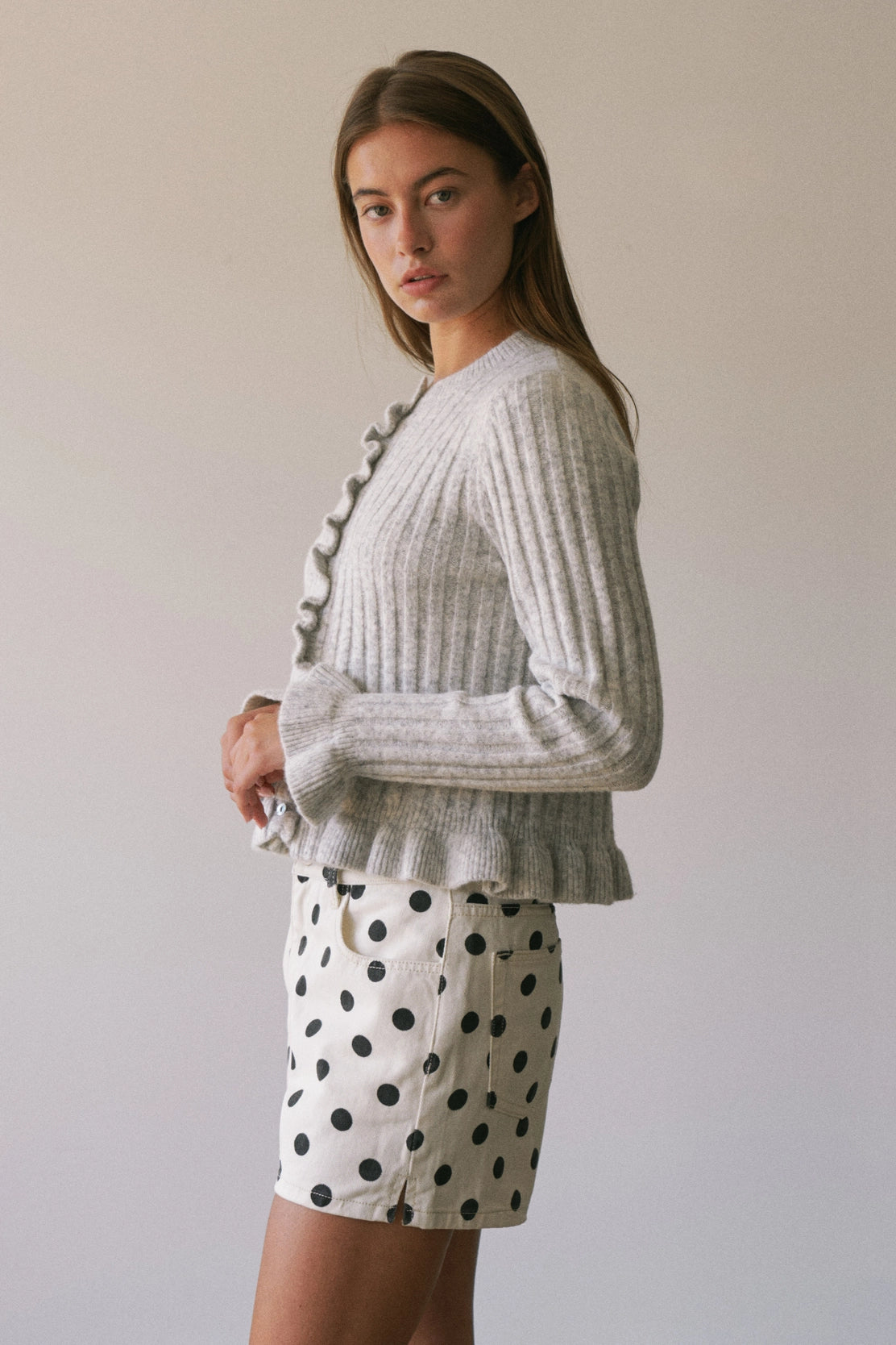 Soft Knit Cardigan with Romantic Ruffle Accents in Two Colors Gray and Cream