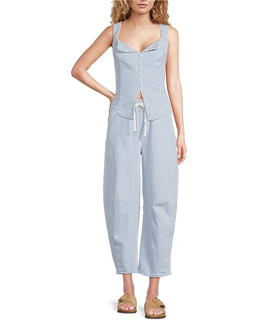 Light Blue Striped Denim Barrel Pants