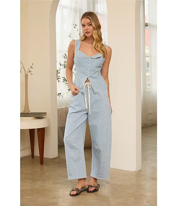 Light Blue Striped Denim Barrel Pants