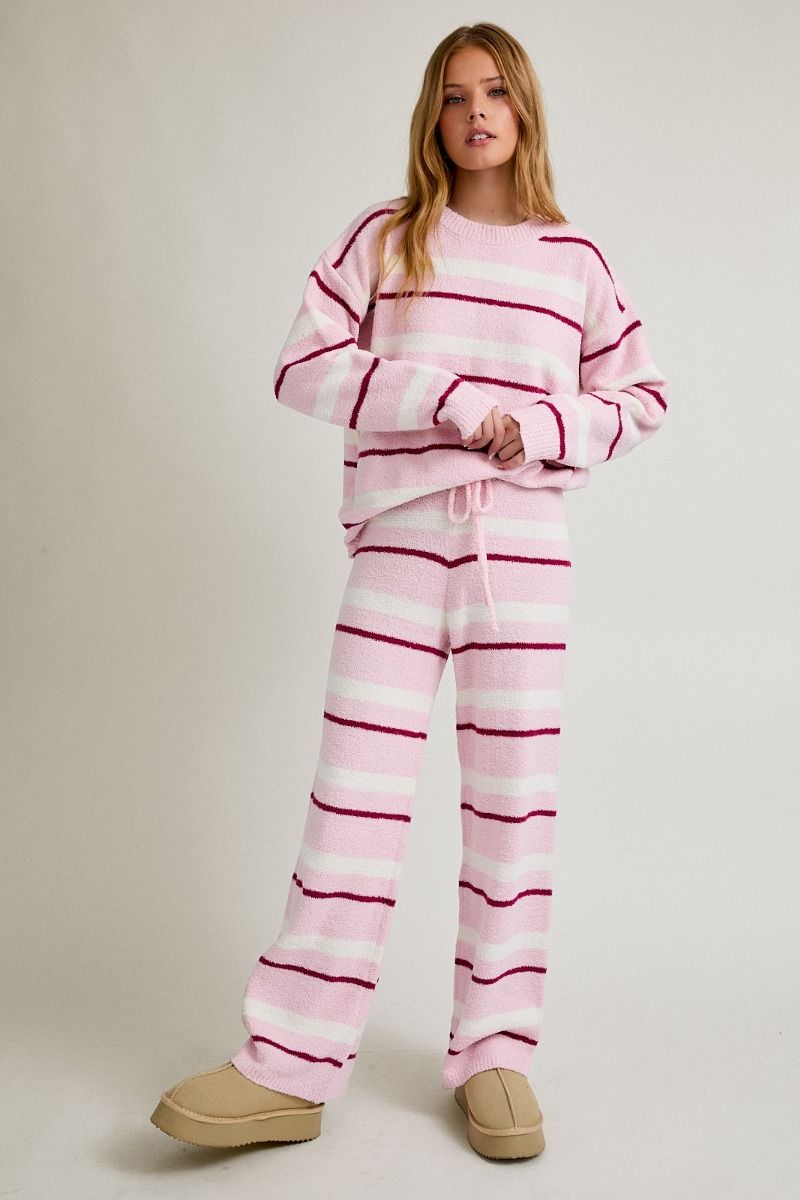 Cute Stripe Set Long Sleeve Sweater with Wide Leg pants