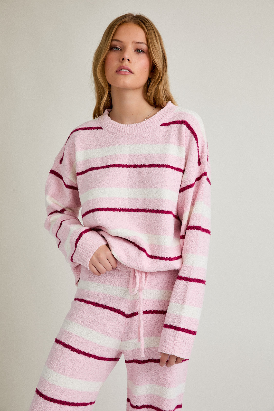 Cute Stripe Set Long Sleeve Sweater with Wide Leg pants
