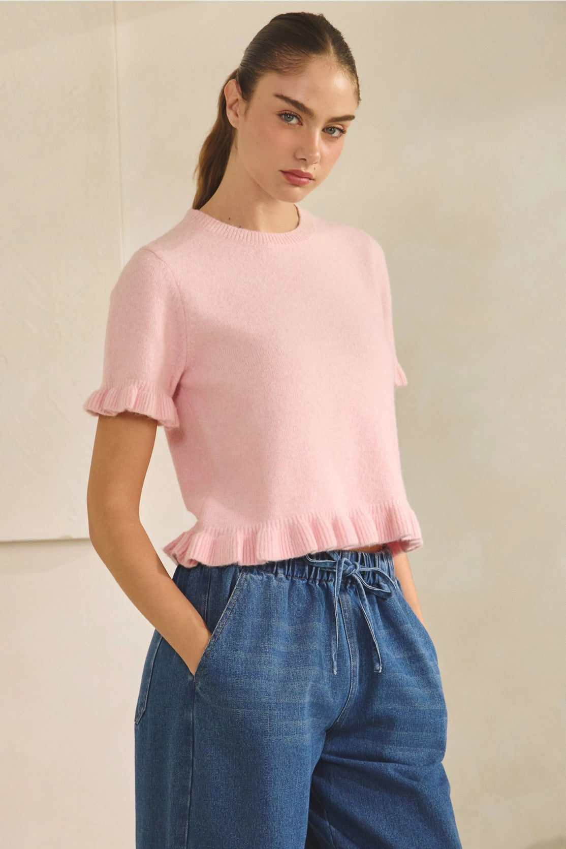 Cute  Cotton blend short sleeve top with ruffle details