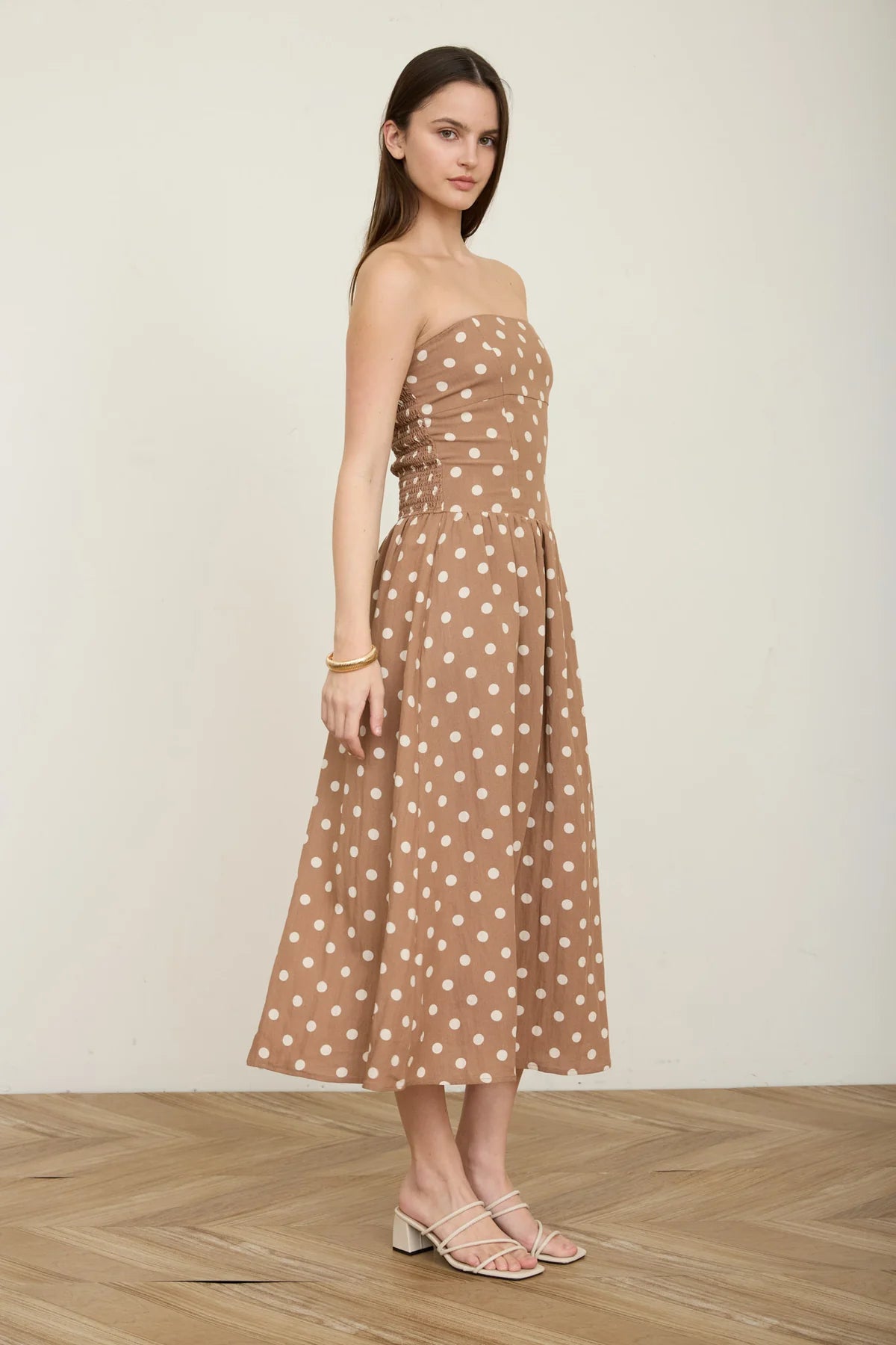 Brown Polka Dot Strapless Midi Dress