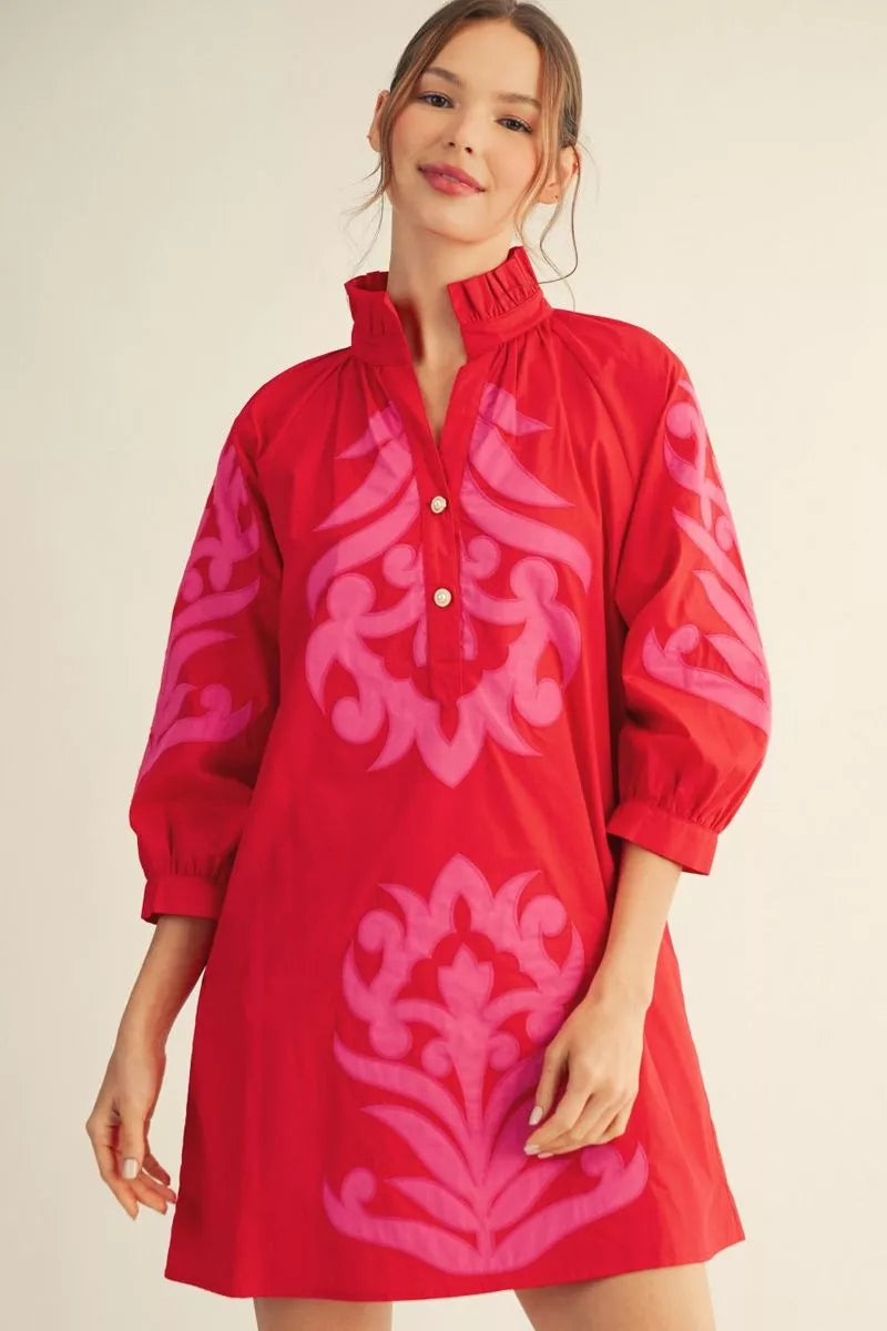 Red and Pink Dress with Baroque Aplique