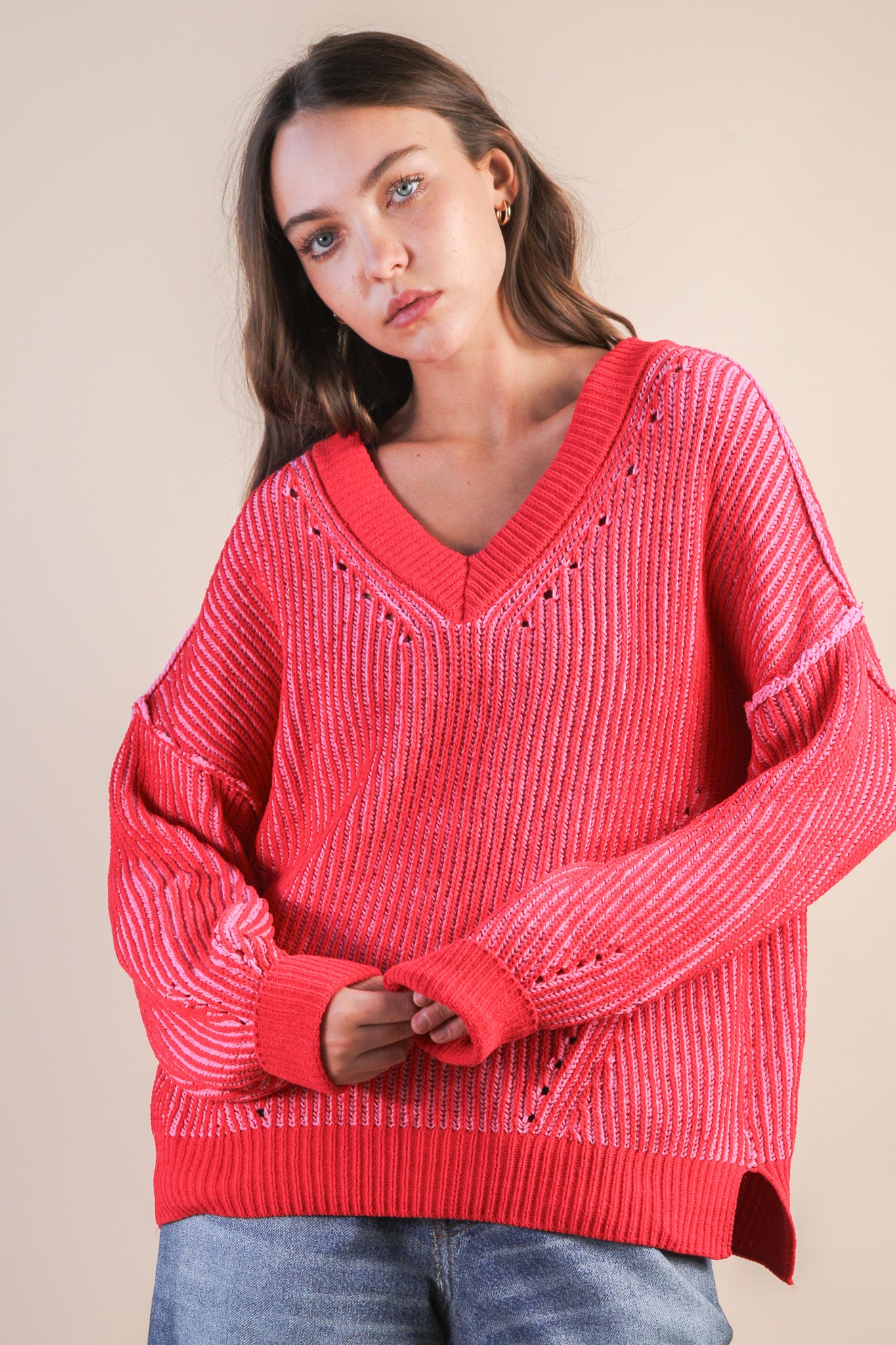 Oversized Two Tone Knit Casual Sweater Top