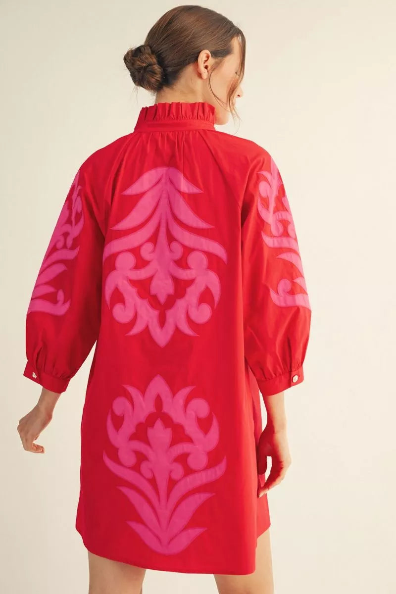 Red and Pink Dress with Baroque Aplique
