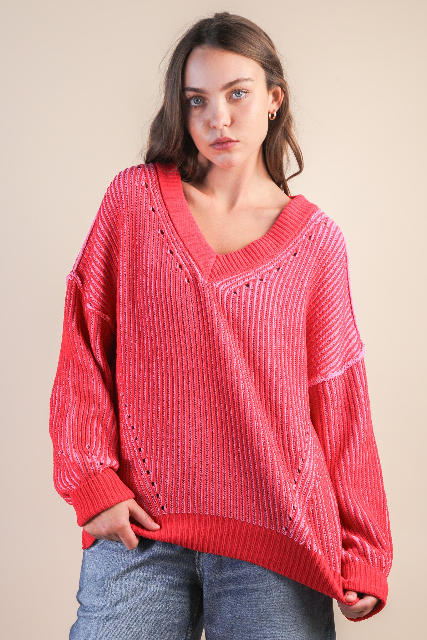 Oversized Two Tone Knit Casual Sweater Top