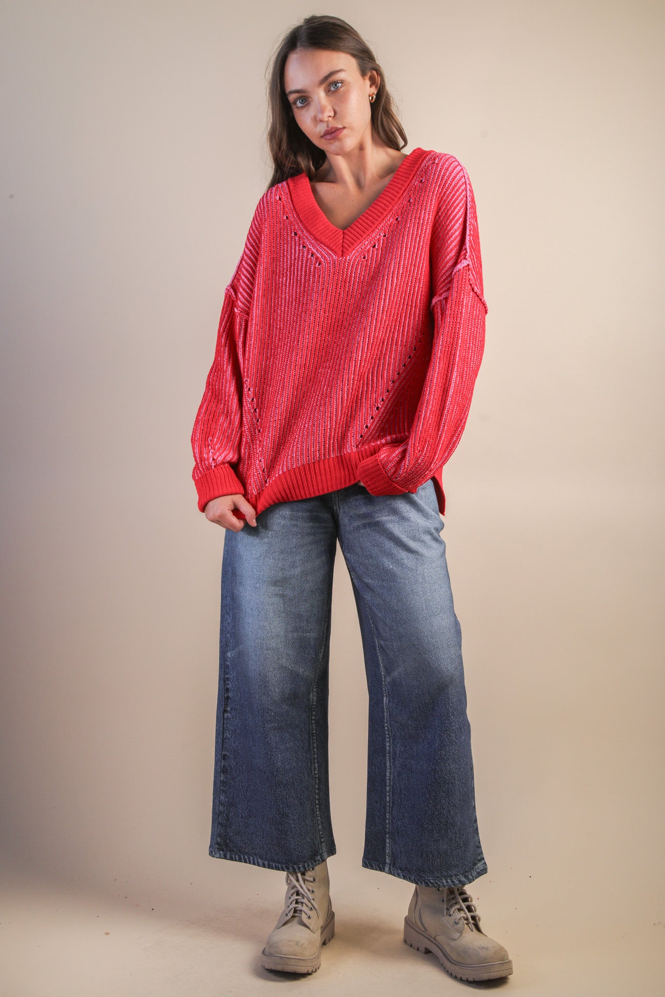 Oversized Two Tone Knit Casual Sweater Top