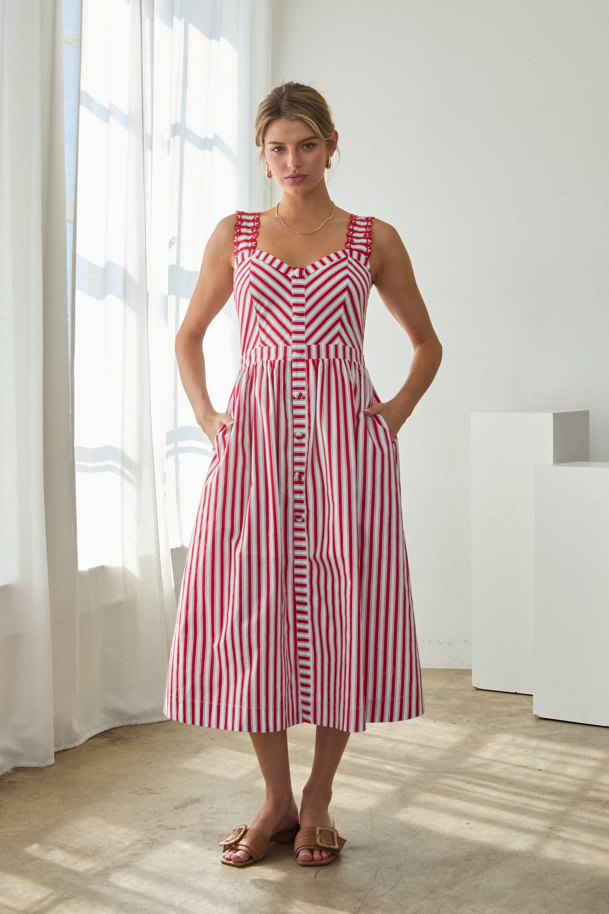 Striped Red and White Midi Dress