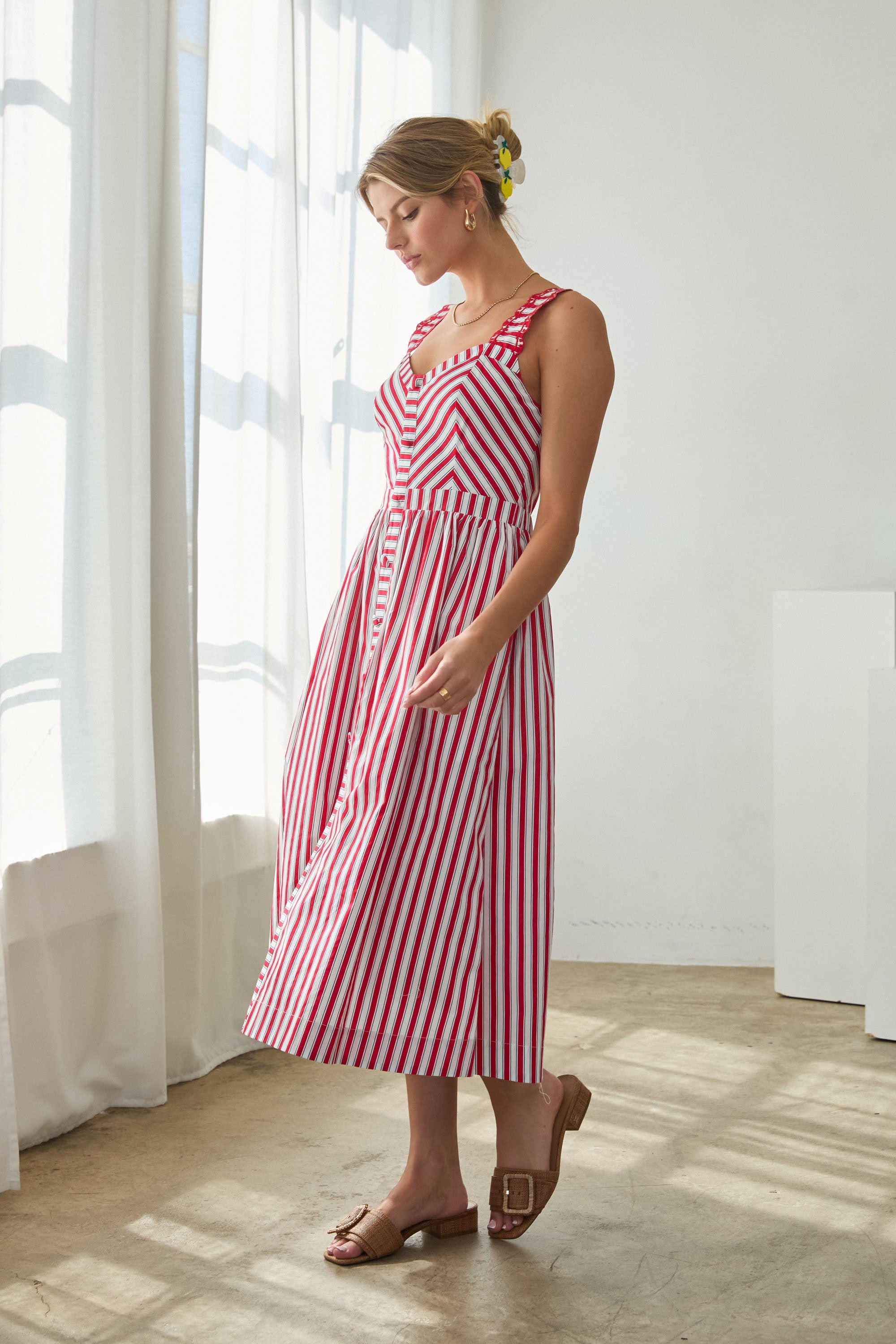 Striped Red and White Midi Dress