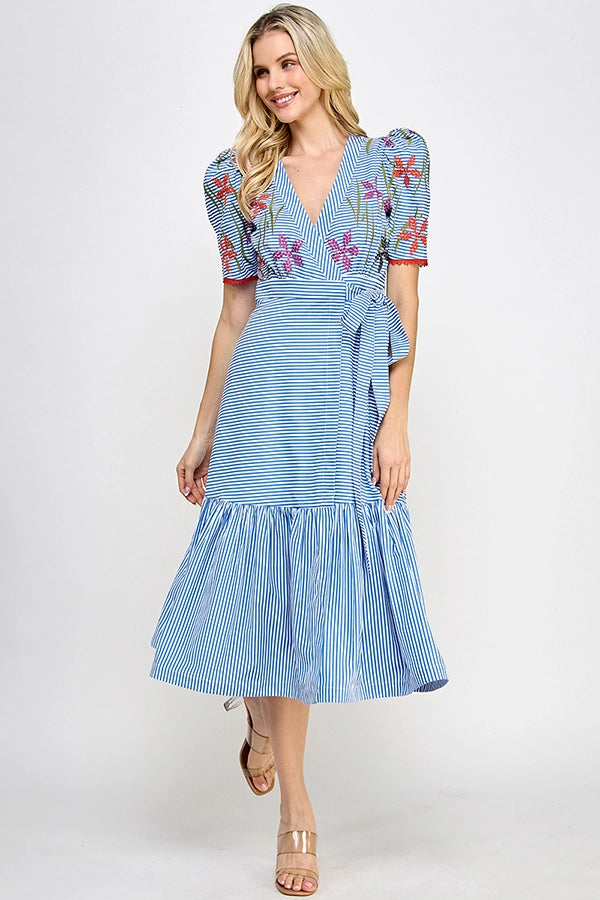 Blue and White Stripe Floral Embroidery Wrap Midi Dress