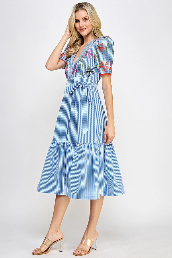 Blue and White Stripe Floral Embroidery Wrap Midi Dress