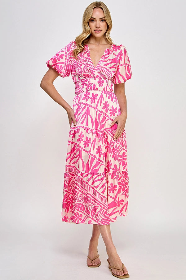 Pink Abstract Flower Print Midi Dress with Elastic Ballon Sleeves