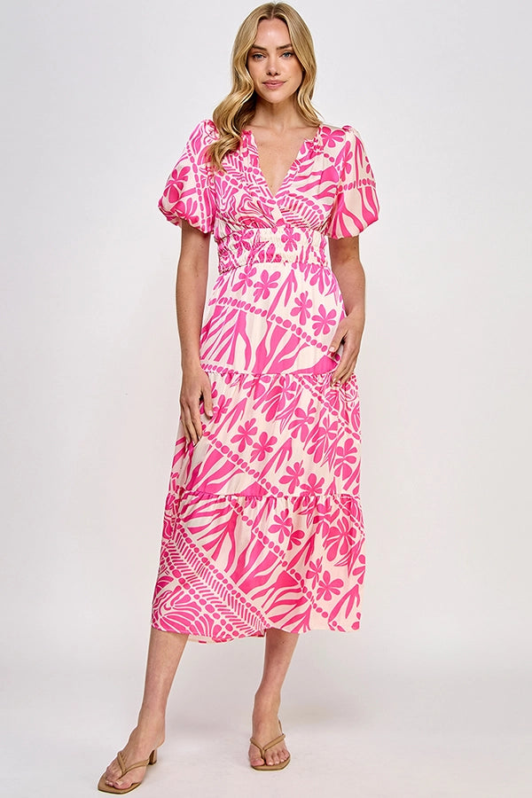 Pink Abstract Flower Print Midi Dress with Elastic Ballon Sleeves